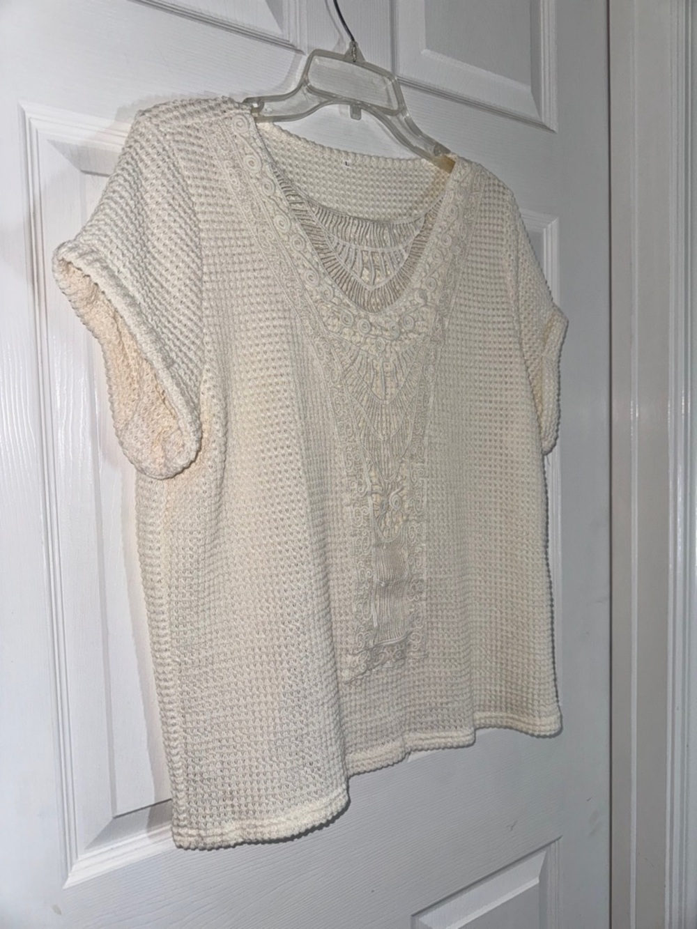 Women's Cream Crochet-Detail Short Sleeve Knit Top - Picture 5 of 8